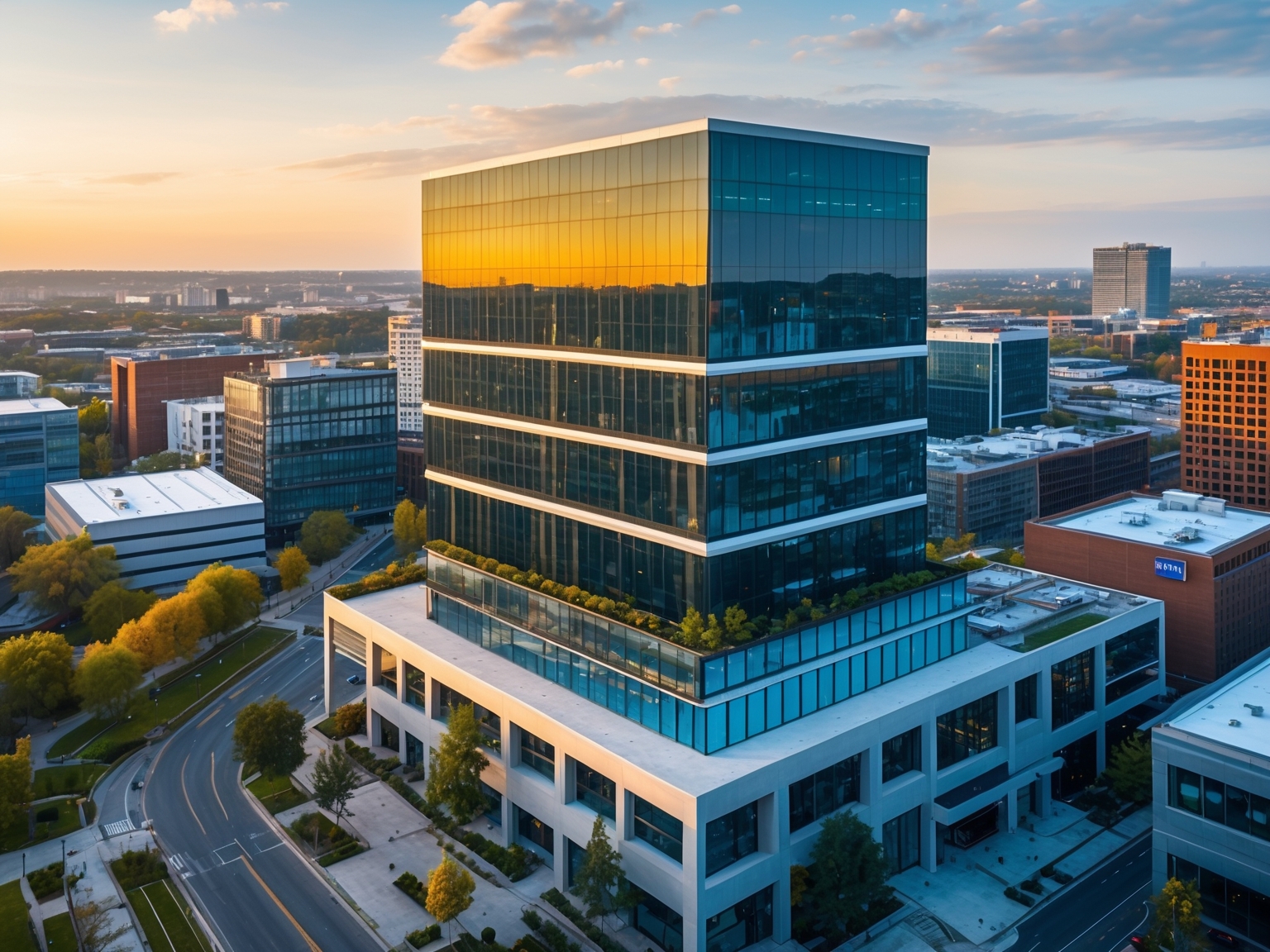 Aerial view of modern business building in cityscape