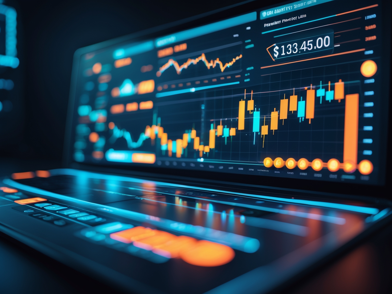 Futuristic dashboard displaying financial charts and AI elements
