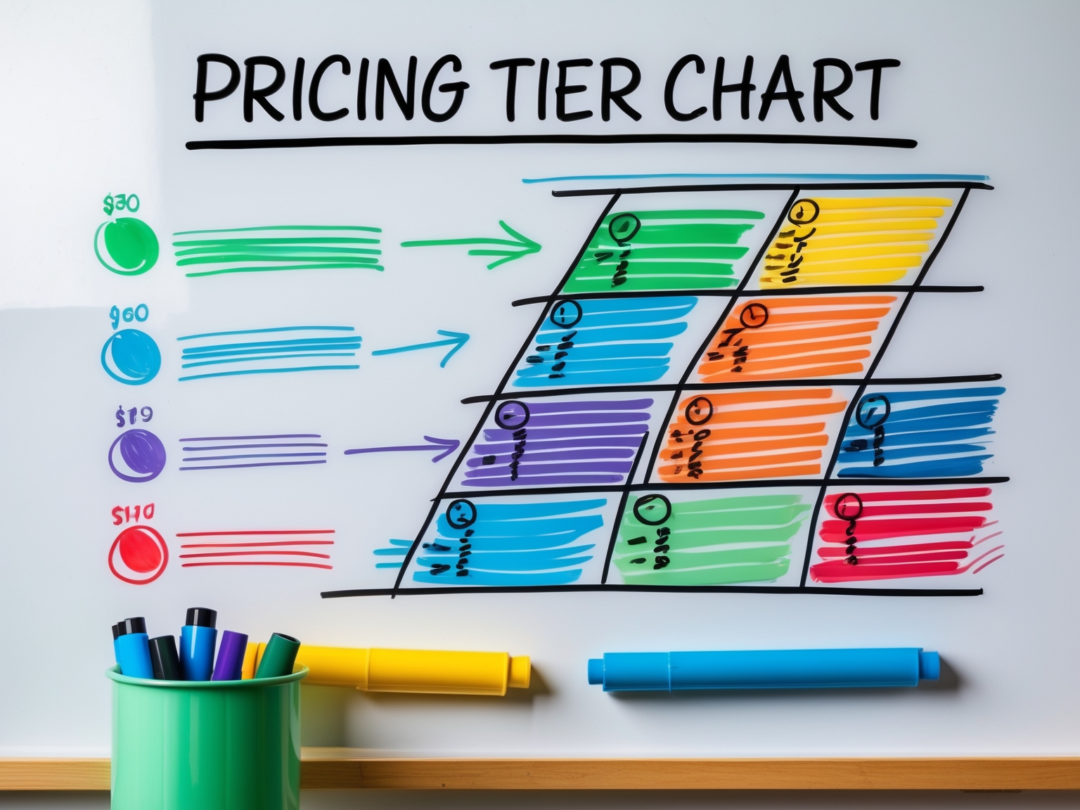 Pricing tier chart displayed on whiteboard with markers