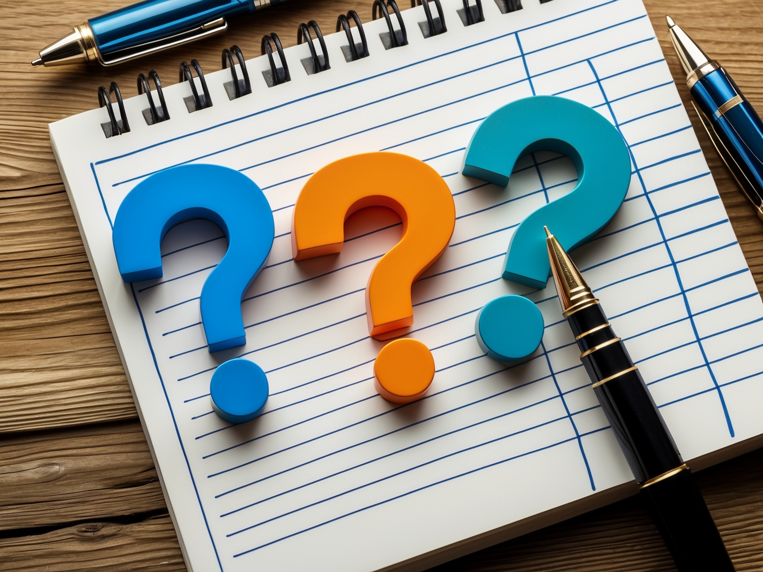 Question mark symbols arranged on notepad with pen
