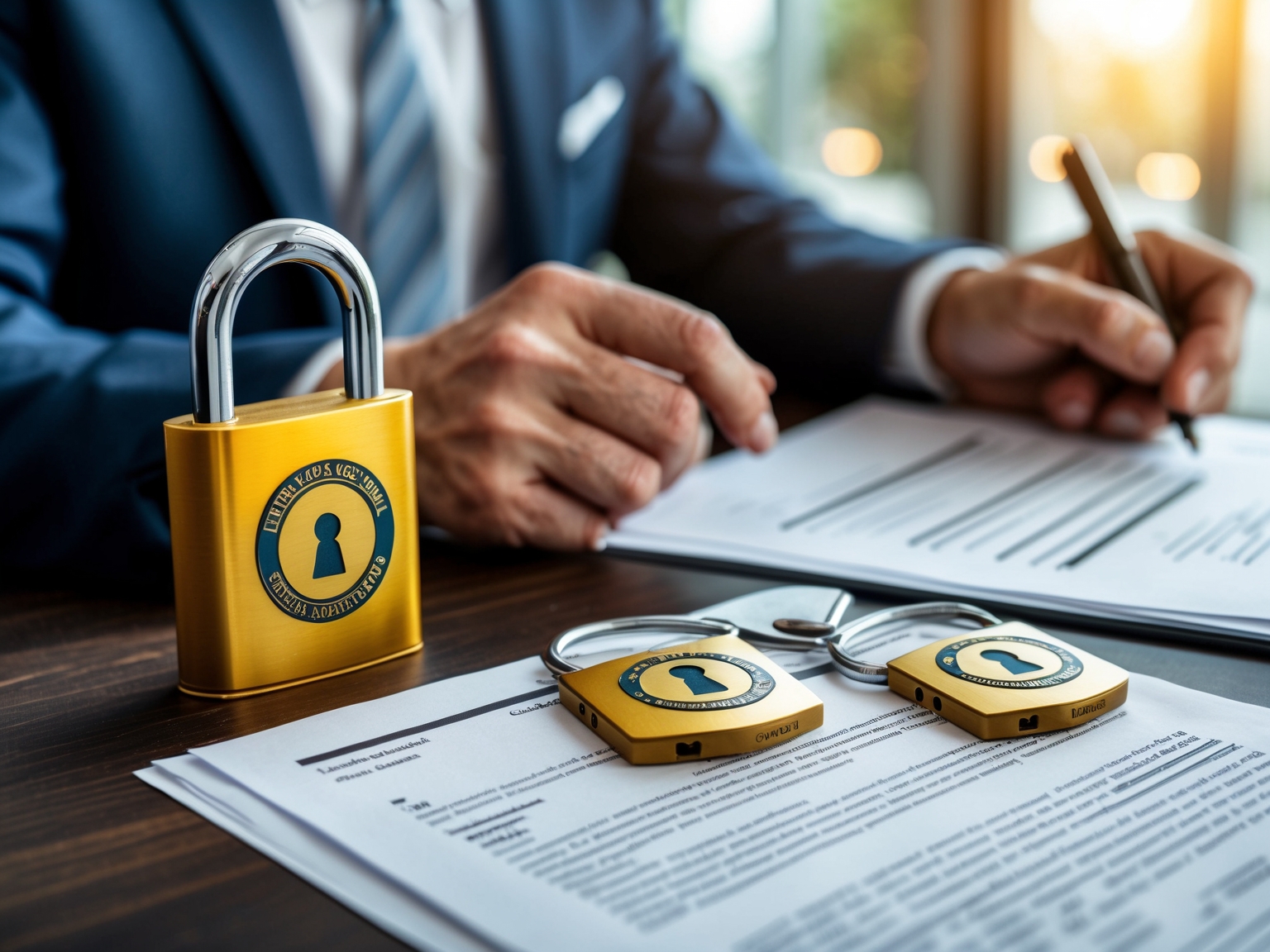 Padlocks and security badges on desk with legal documents