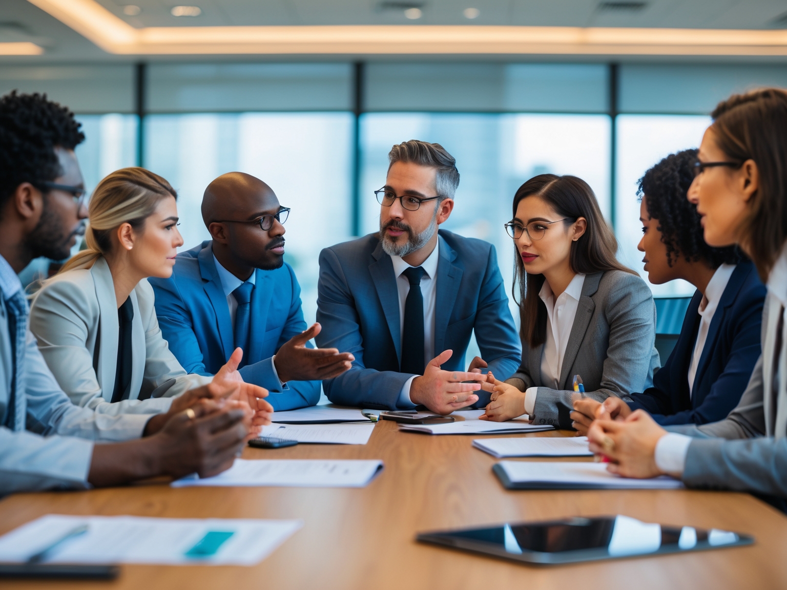 Diverse professionals in conference room discussing ideas